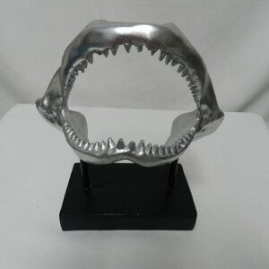 Shark Jaw Silver Resin table top mounted Art Figurine Teeth Decor 9" x 8"